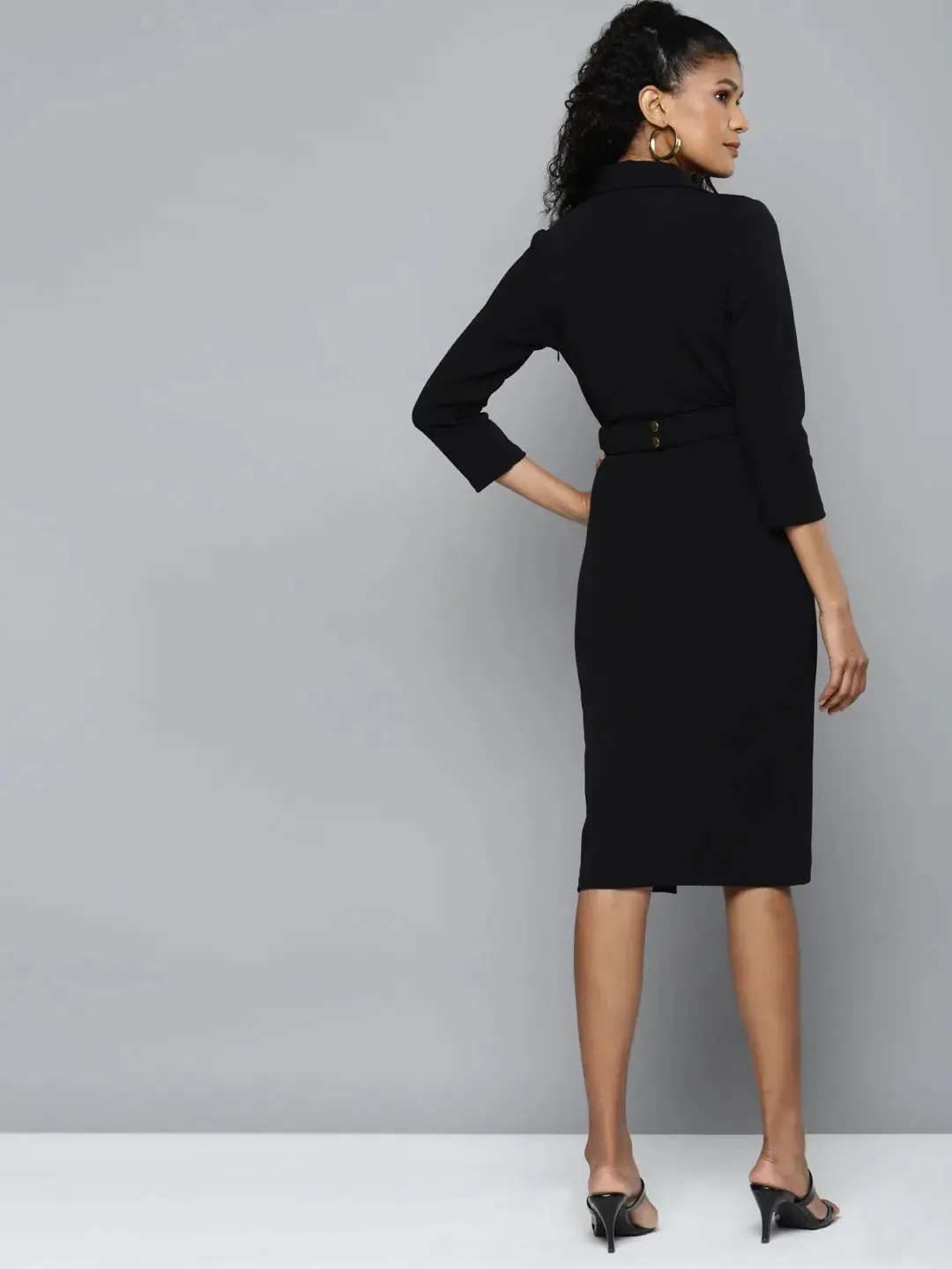 Black Notch Collar Belted Dress