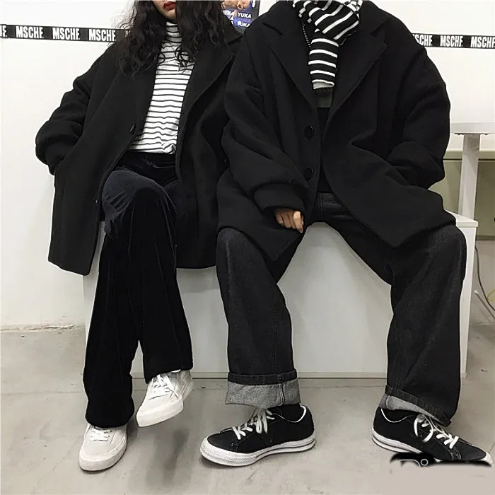 Black Solid Thicken Loose Coat Jacket