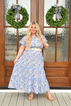 Blue Printed Belted Midi Dress