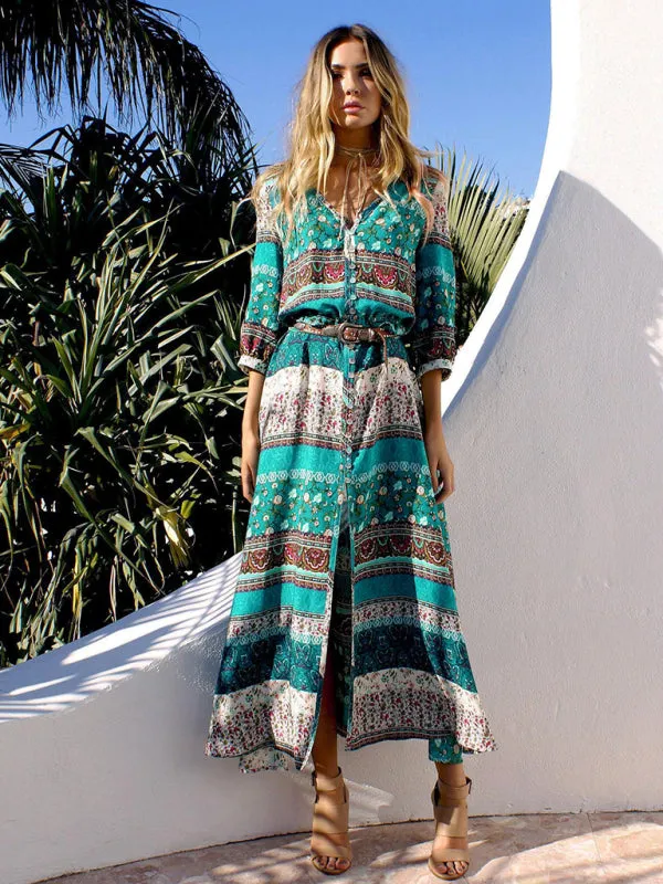 Bohemian Long Dress with Floral Geometric Print and Belted Waist