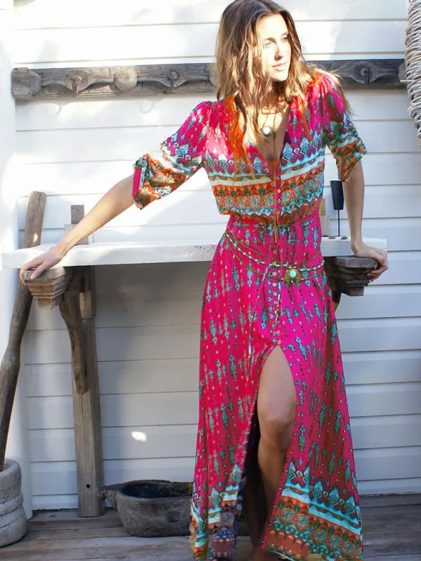Bohemian Long Dress with Floral Geometric Print and Belted Waist