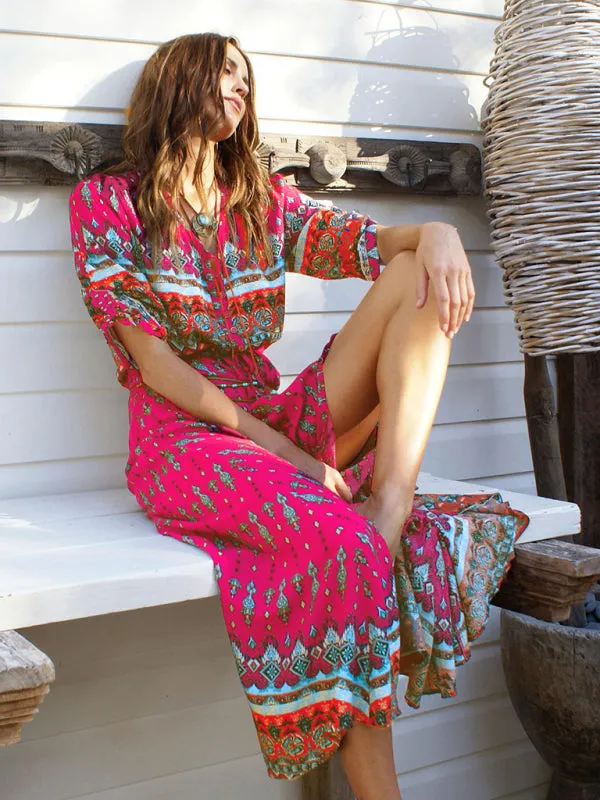 Bohemian Long Dress with Floral Geometric Print and Belted Waist