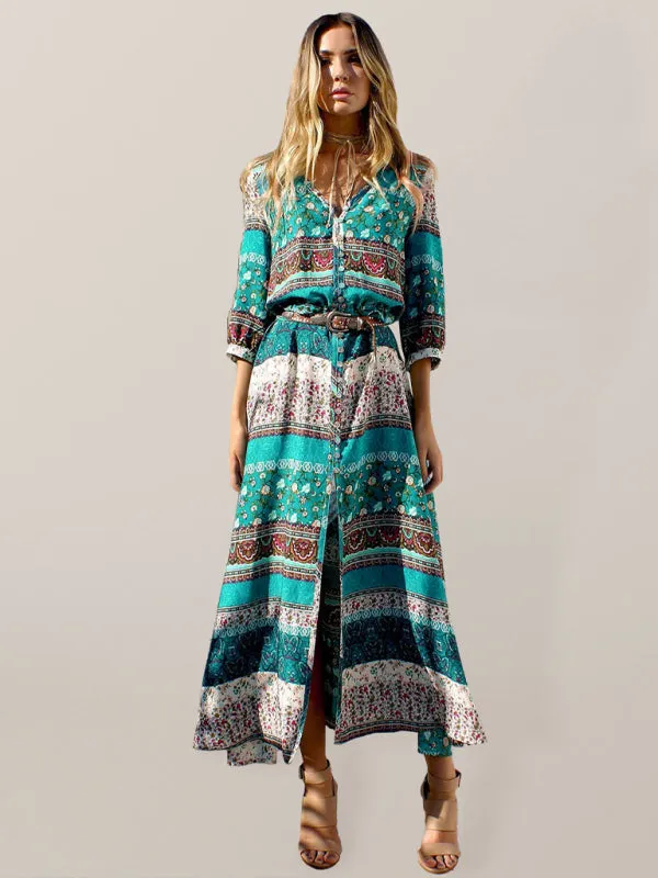 Bohemian Long Dress with Floral Geometric Print and Belted Waist