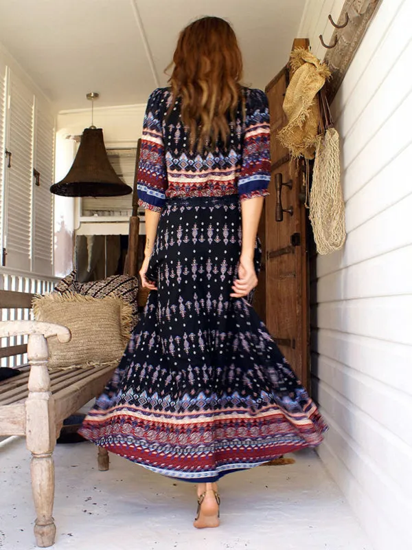 Bohemian Long Dress with Floral Geometric Print and Belted Waist