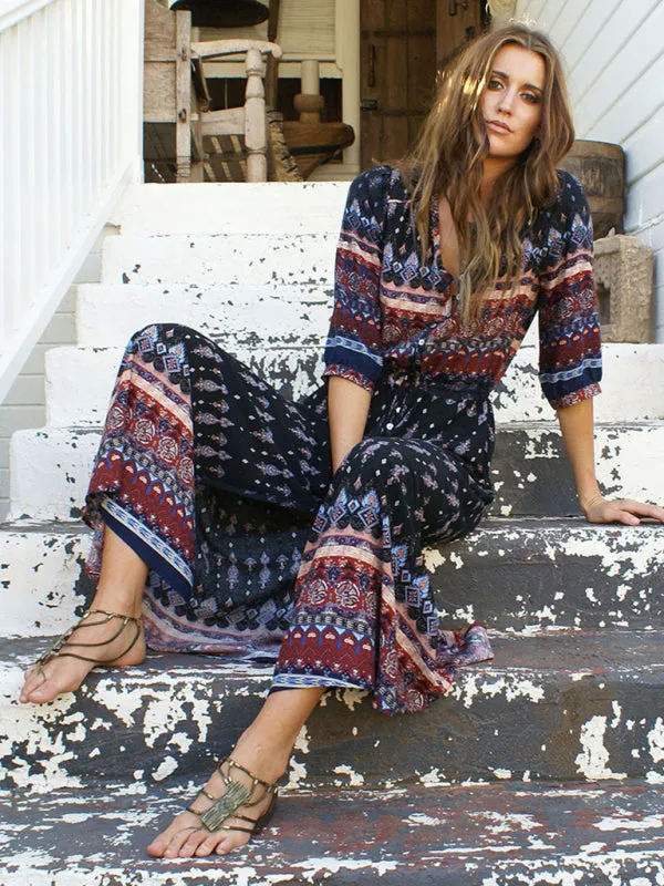Bohemian Long Dress with Floral Geometric Print and Belted Waist