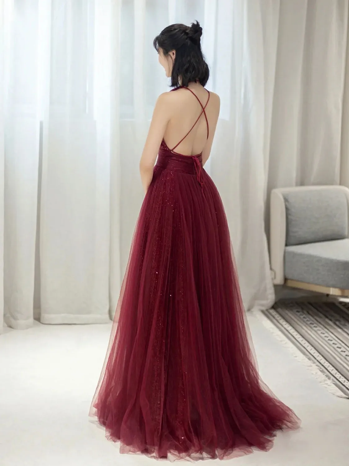 Burgundy v neck tulle sequin long prom dress burgundy formal dress