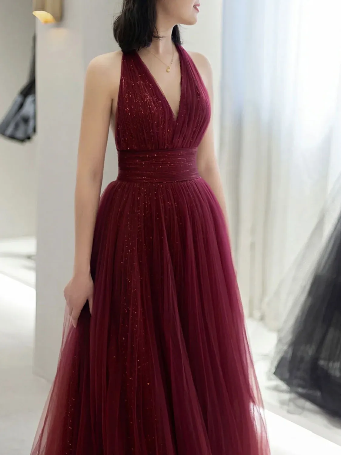 Burgundy v neck tulle sequin long prom dress burgundy formal dress