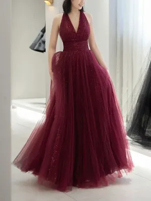 Burgundy v neck tulle sequin long prom dress burgundy formal dress