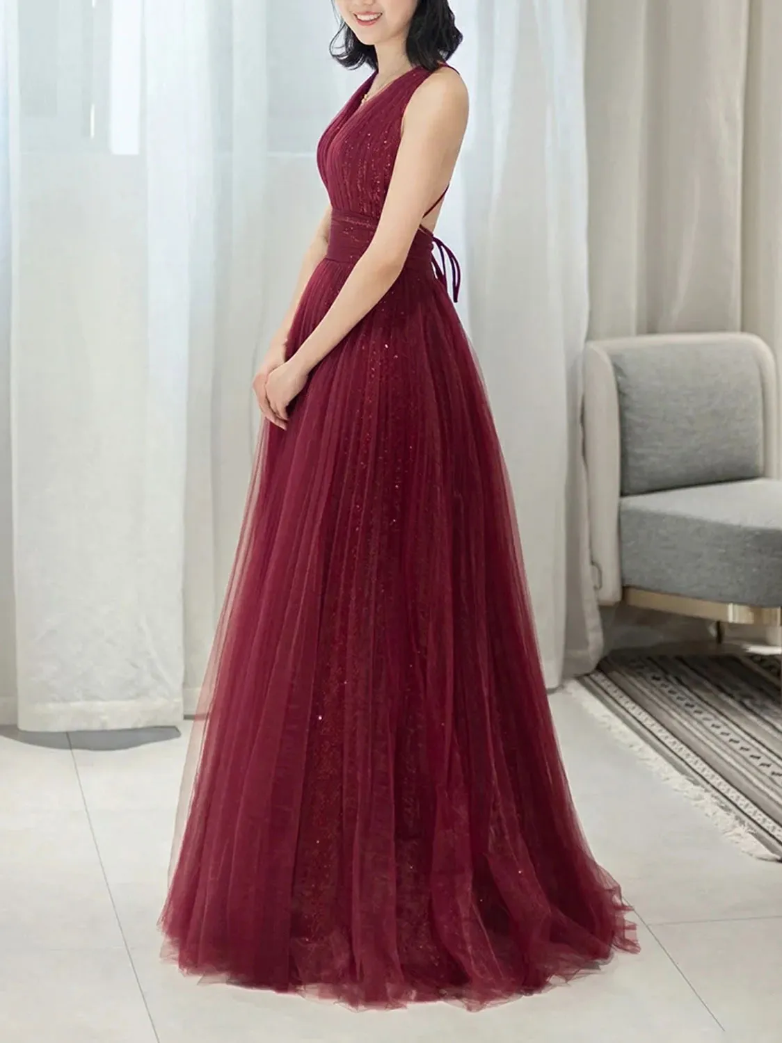 Burgundy v neck tulle sequin long prom dress burgundy formal dress