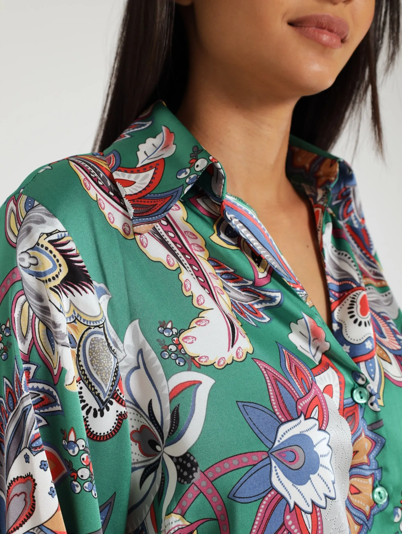 Button Up Satin Blouse - Green