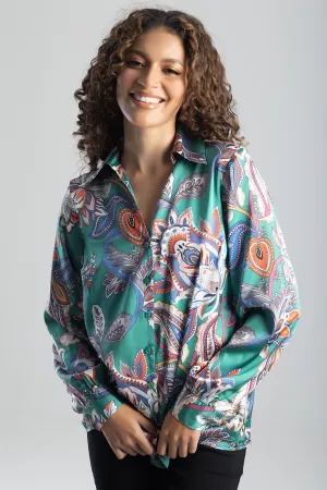 Button Up Satin Blouse - Green