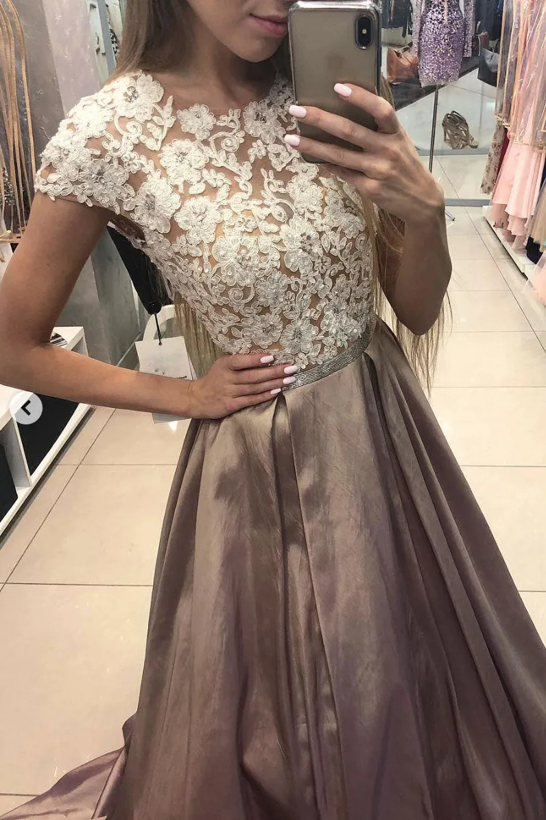 Champagne satin lace long prom dress, champagne evening dress