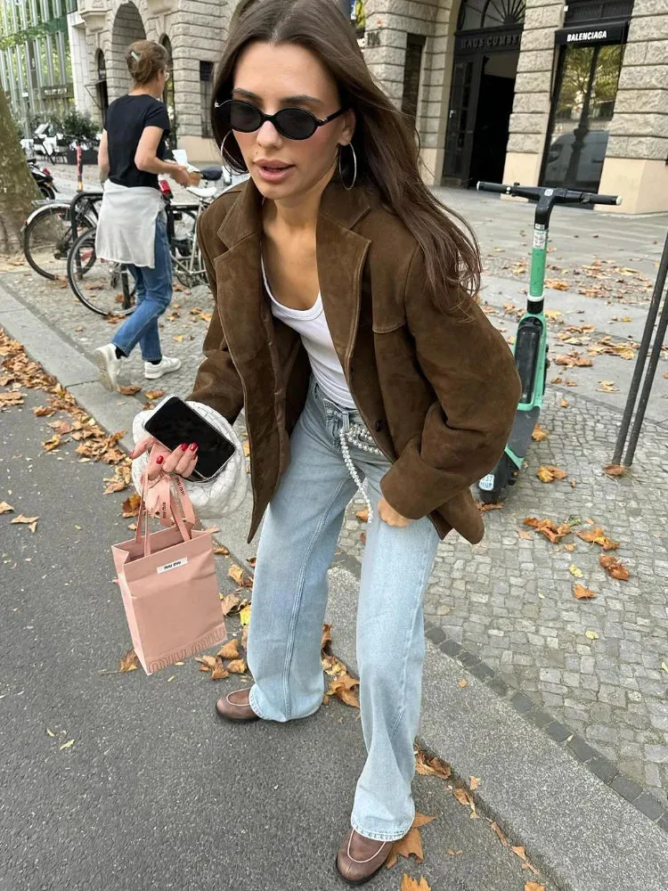 Chic Brown Suede Jacket For Women Elegant Lapel Long Sleeve Single Breasted Pockets Coats Autumn Office Lady Commuting Outwear
