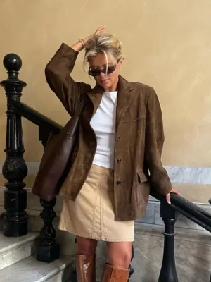 Chic Brown Suede Jacket For Women Elegant Lapel Long Sleeve Single Breasted Pockets Coats Autumn Office Lady Commuting Outwear
