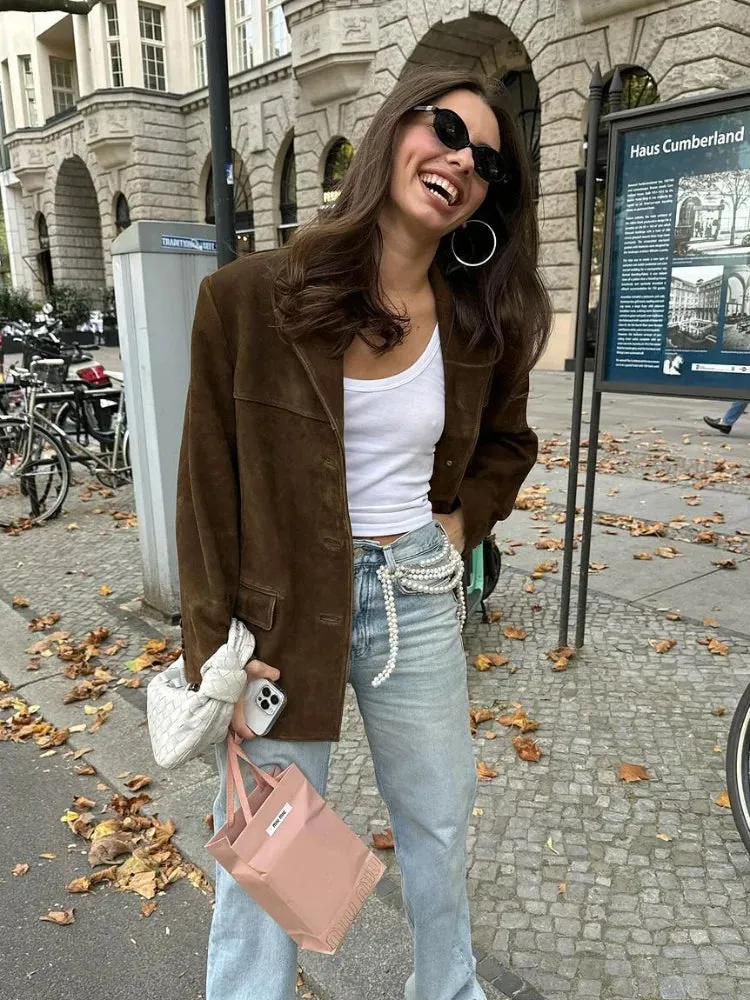 Chic Brown Suede Jacket For Women Elegant Lapel Long Sleeve Single Breasted Pockets Coats Autumn Office Lady Commuting Outwear