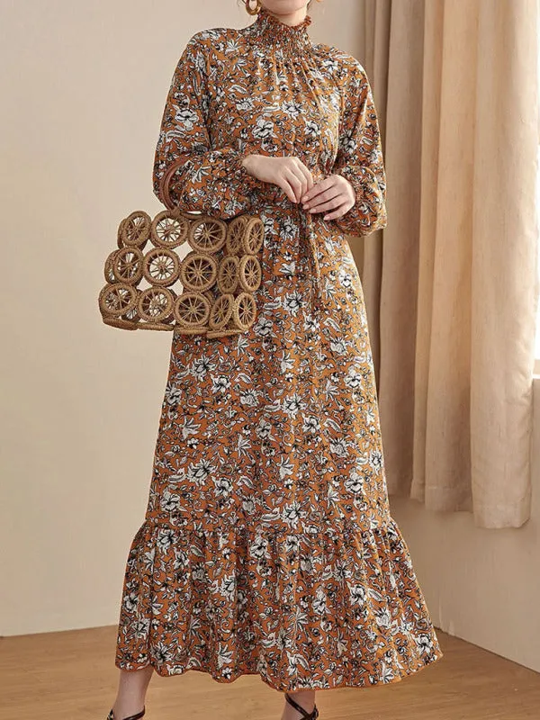 Chiffon Floral Maxi Dress with Stand Collar and Ruffled Hem