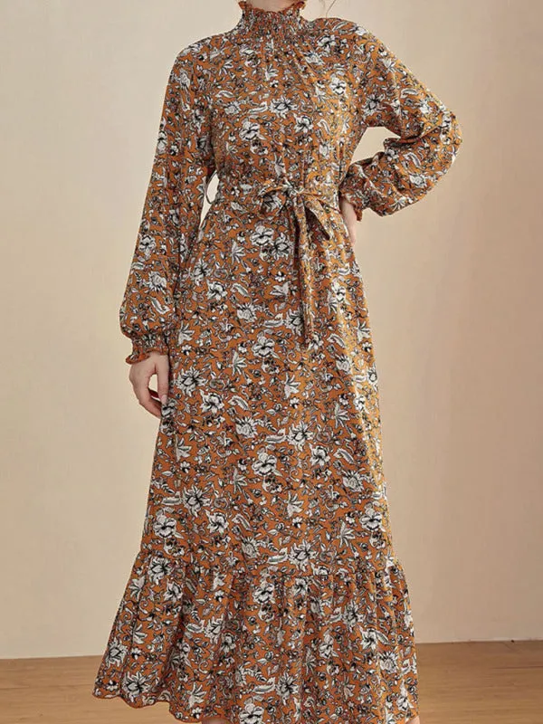 Chiffon Floral Maxi Dress with Stand Collar and Ruffled Hem