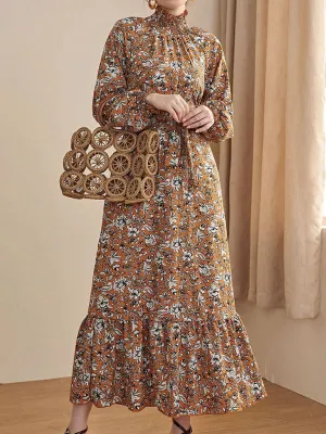 Chiffon Floral Maxi Dress with Stand Collar and Ruffled Hem