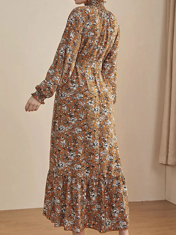 Chiffon Floral Maxi Dress with Stand Collar and Ruffled Hem