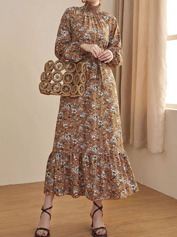 Chiffon Floral Maxi Dress with Stand Collar and Ruffled Hem