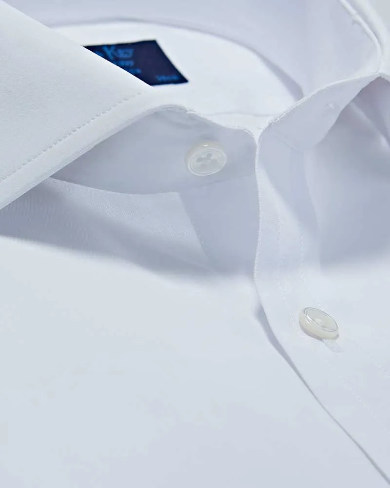 Classic Fit Plain White Cotton Poplin Shirt with Cut-away Collar & Double Cuff