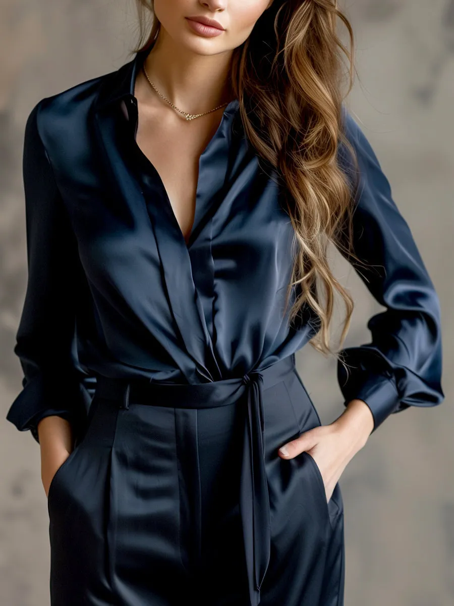 Classic Satin Blouse with Long Sleeves and Elegant Fit