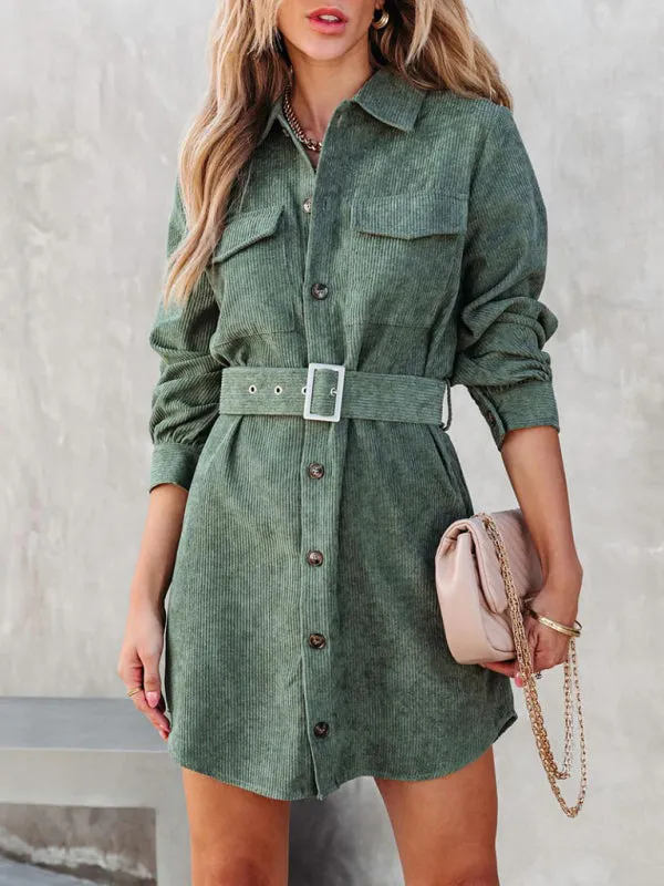 Corduroy Shirt Dress with Belted Waist and Button-Down Front