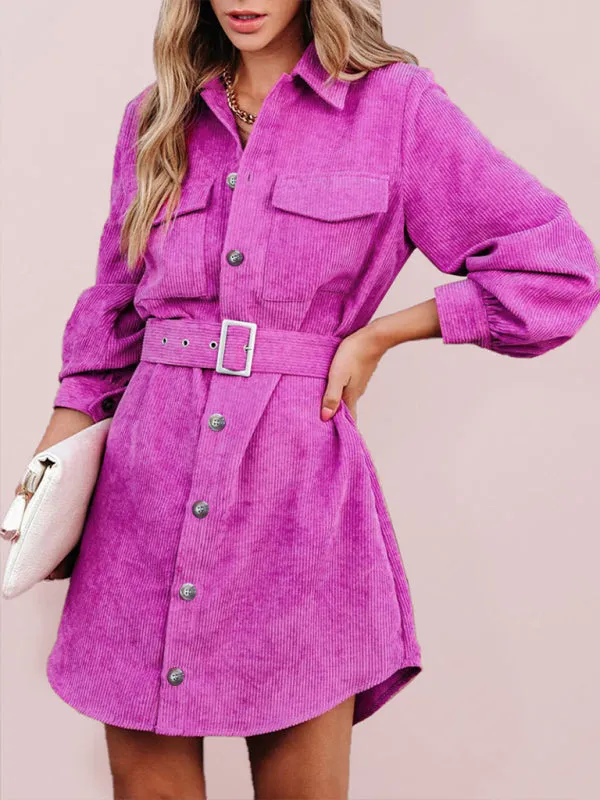 Corduroy Shirt Dress with Belted Waist and Button-Down Front