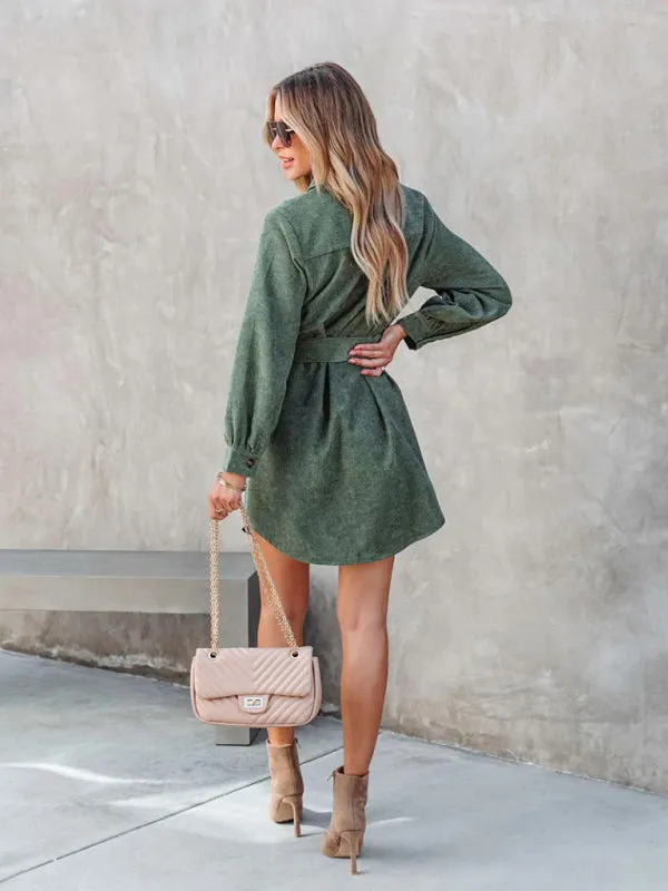 Corduroy Shirt Dress with Belted Waist and Button-Down Front