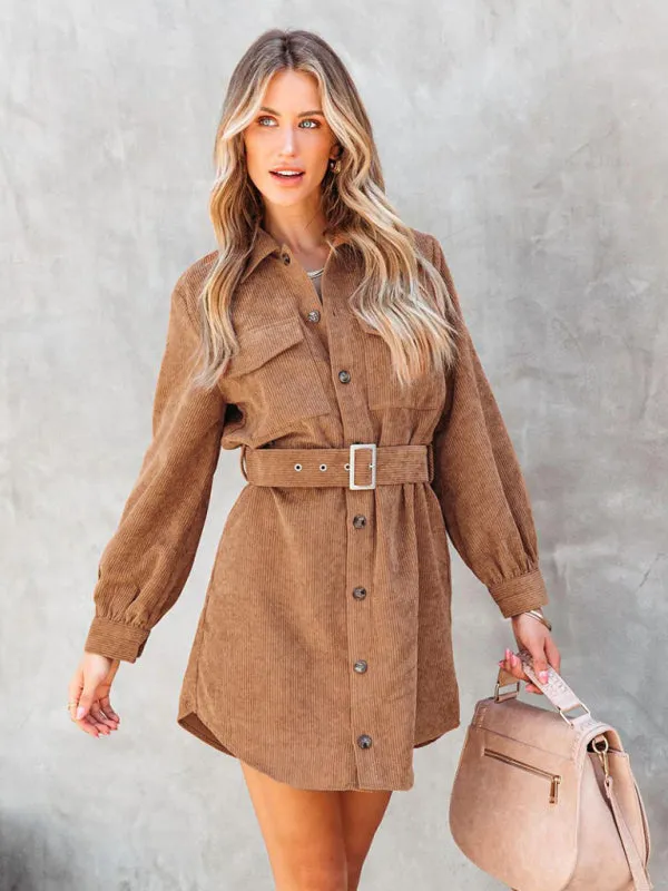 Corduroy Shirt Dress with Belted Waist and Button-Down Front