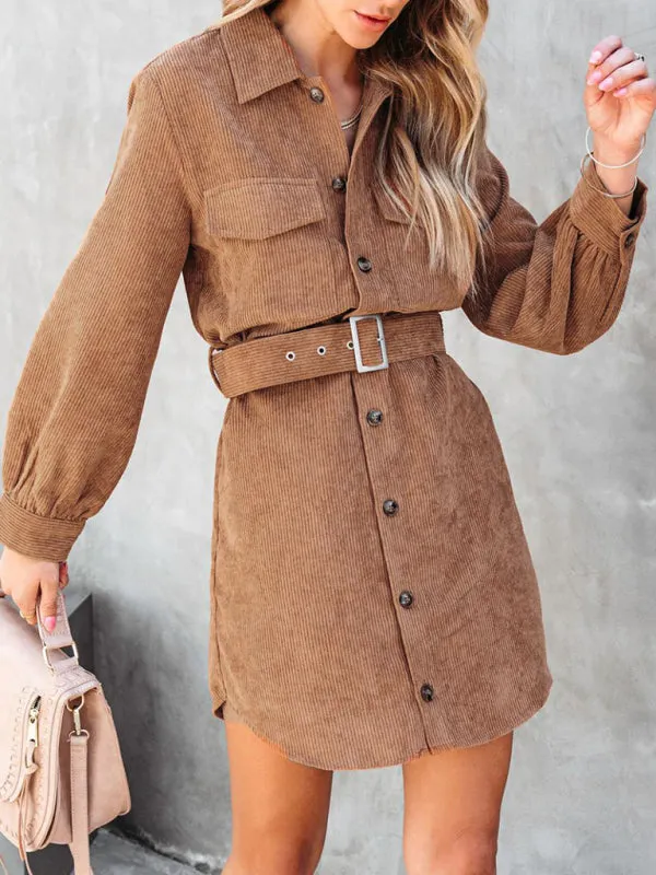 Corduroy Shirt Dress with Belted Waist and Button-Down Front