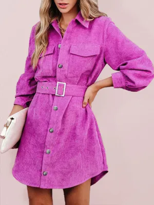 Corduroy Shirt Dress with Belted Waist and Button-Down Front