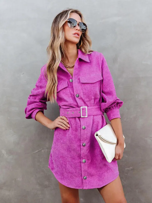 Corduroy Shirt Dress with Belted Waist and Button-Down Front