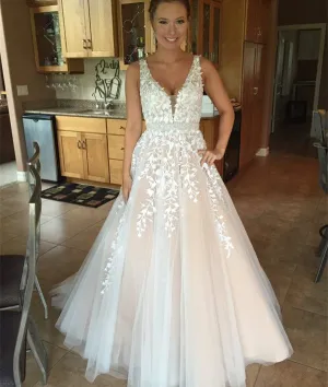 Custom Made A-Line V-Neck Lace Champagne Prom Dresses, Lace Tulle Formal Dresses, Evening Dresses