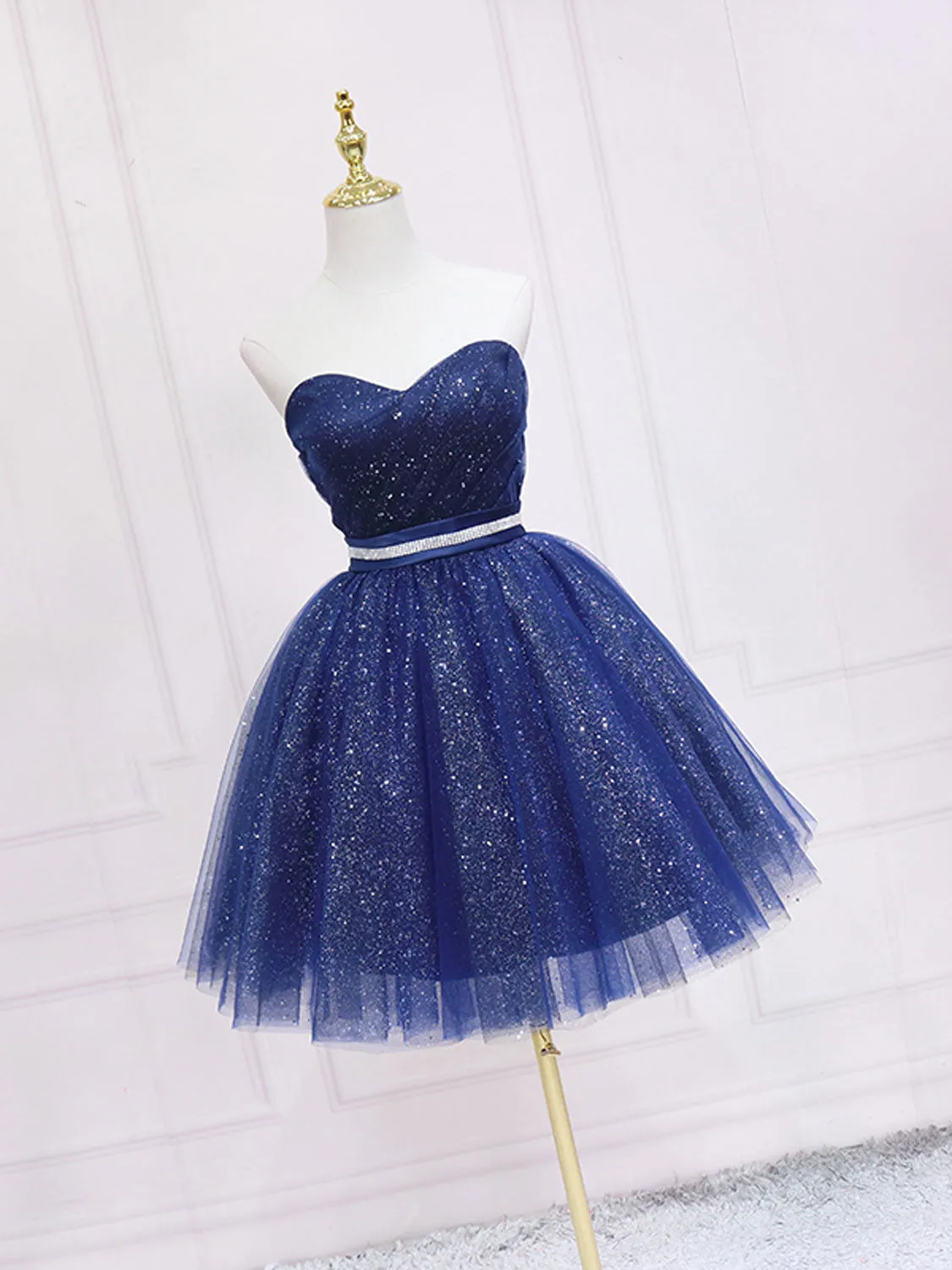 Dark blue sweetheart neck tulle short prom dress blue homecoming dress