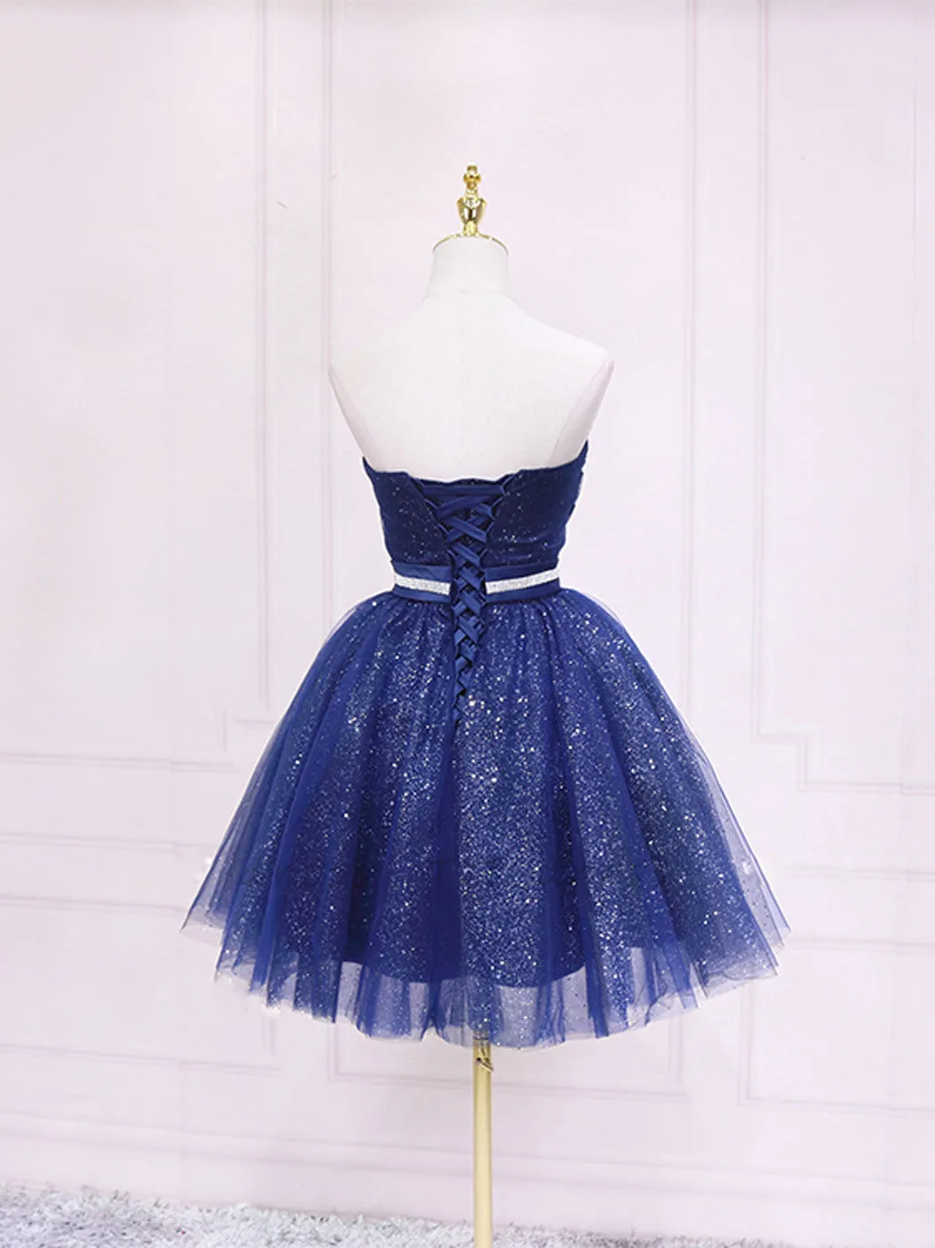 Dark blue sweetheart neck tulle short prom dress blue homecoming dress
