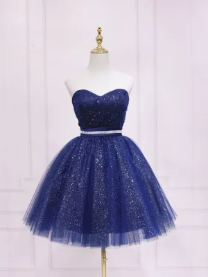 Dark blue sweetheart neck tulle short prom dress blue homecoming dress