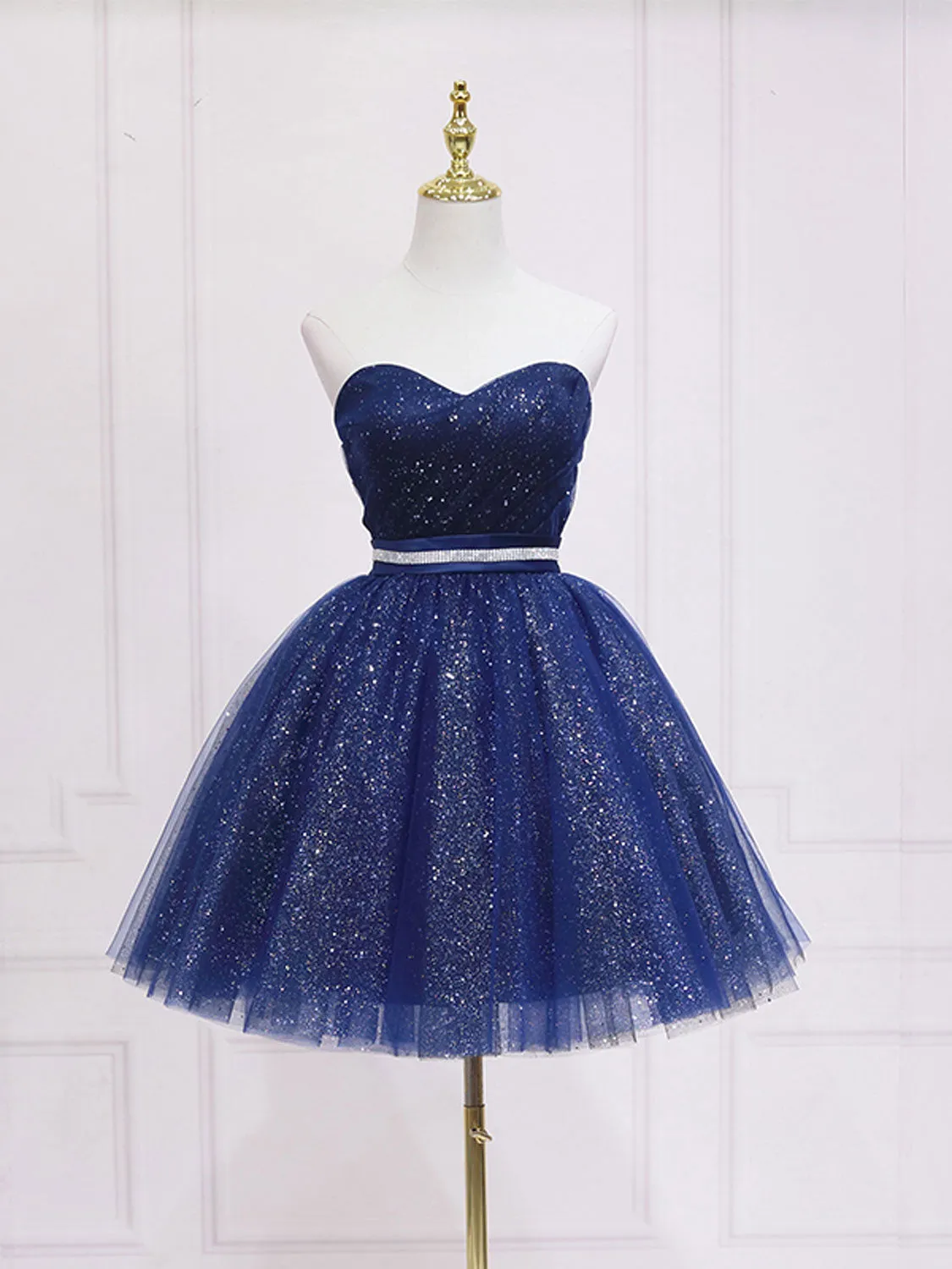 Dark blue sweetheart neck tulle short prom dress blue homecoming dress