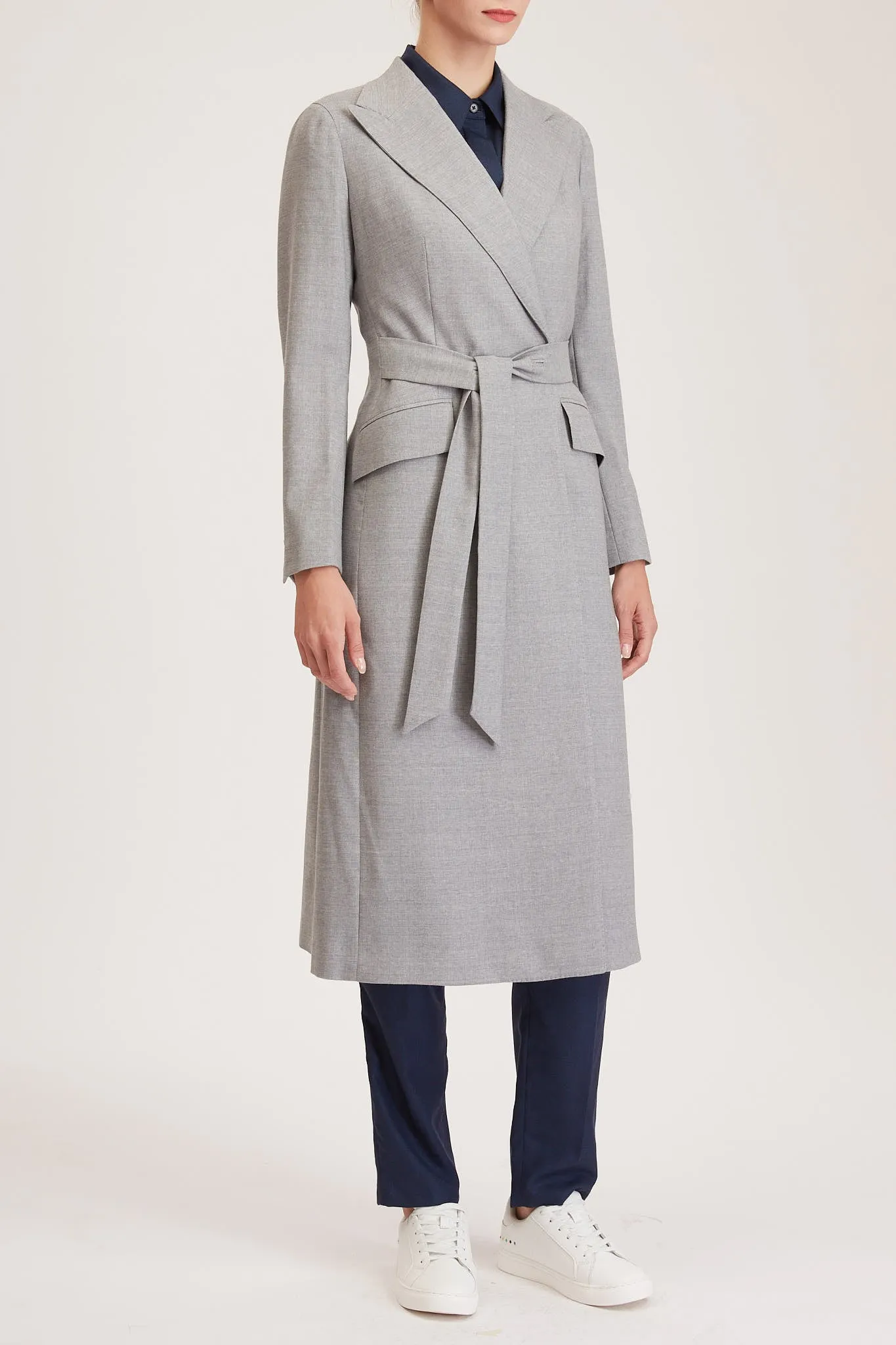 Darlington Jacket - Double breasted long jacket in light grey pure wool