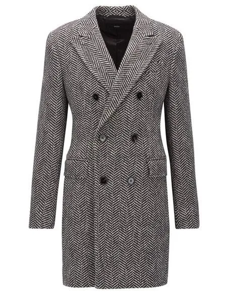 DBCoat Men's Dress Coat Double Breasted Gray Herringbone Tweed Six Button Overcoat