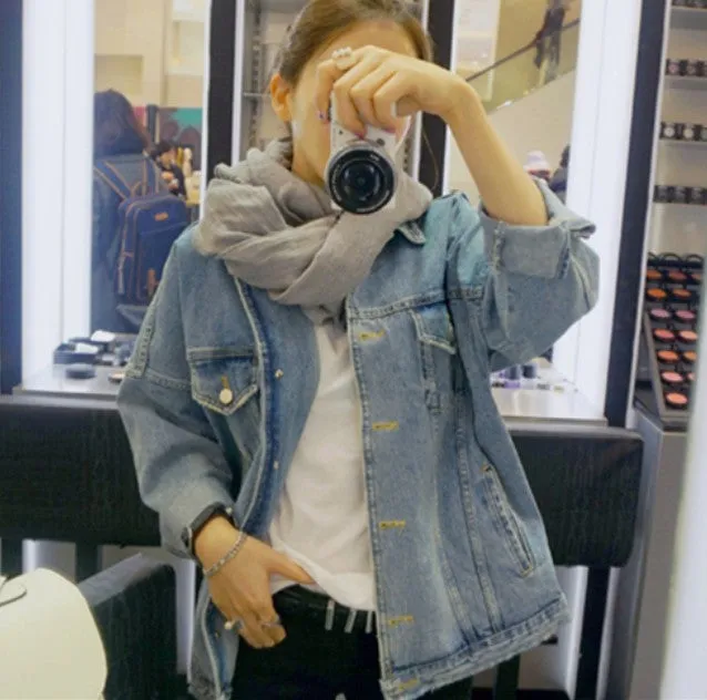Denim Jacket Bf Harajuku Style Single Breasted Ladies Jean Jackets Plus Size Vintage Womens Coats Slim Fit