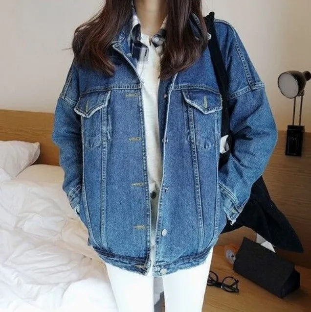 Denim Jacket Bf Harajuku Style Single Breasted Ladies Jean Jackets Plus Size Vintage Womens Coats Slim Fit