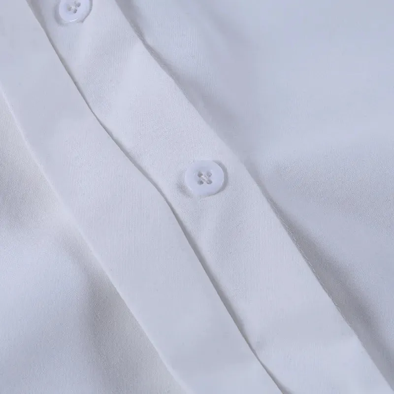 Design Sense Inverted Triangle Irregular Lapel Collar Button Placket Blouse - White
