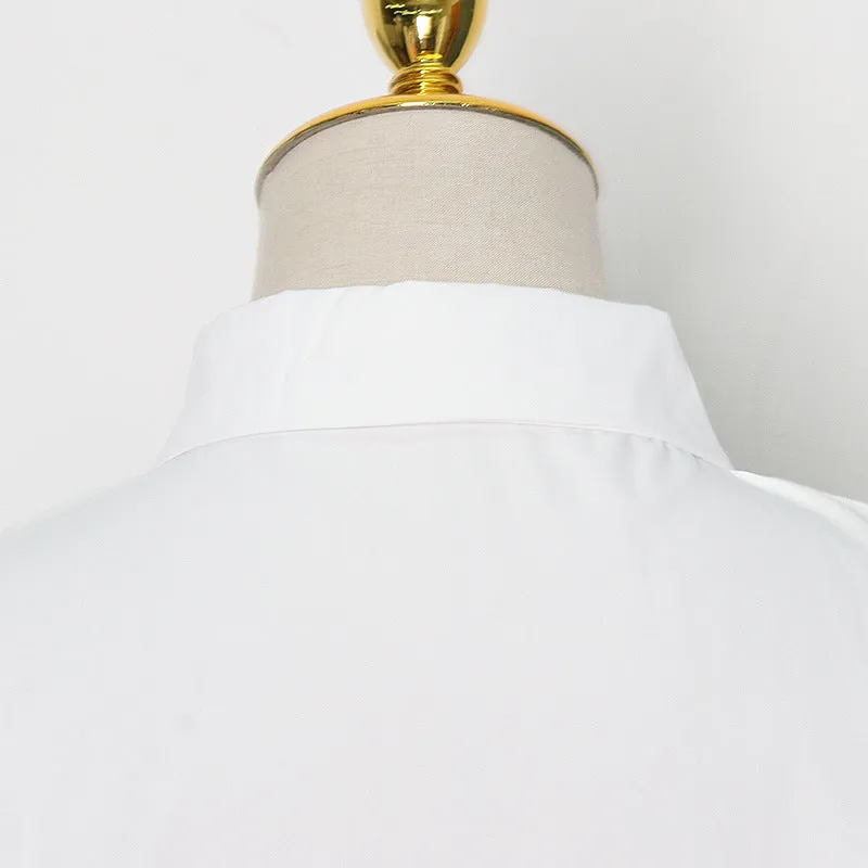 Design Sense Inverted Triangle Irregular Lapel Collar Button Placket Blouse - White