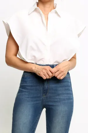 Design Sense Inverted Triangle Irregular Lapel Collar Button Placket Blouse - White