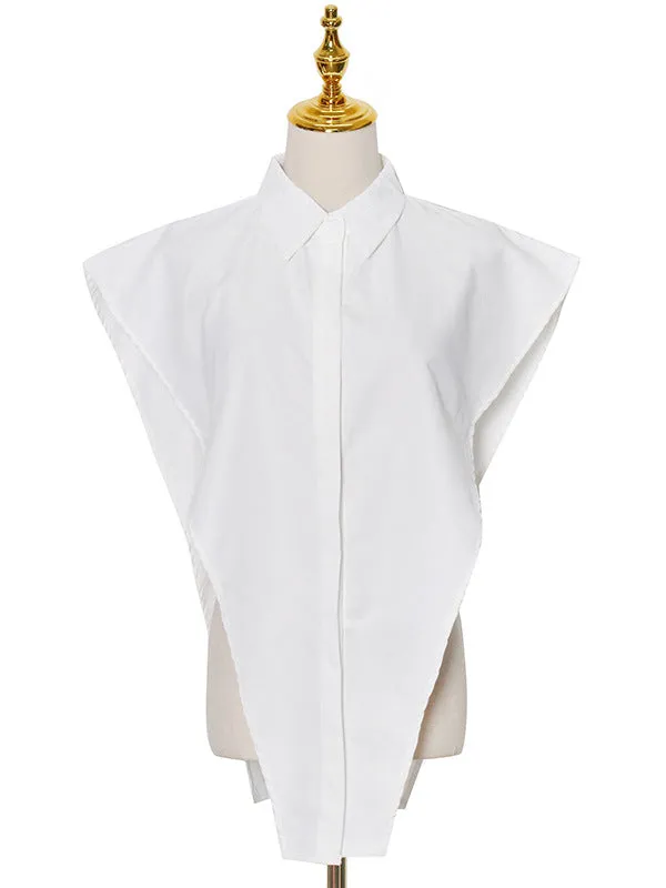 Design Sense Inverted Triangle Irregular Lapel Collar Button Placket Blouse - White