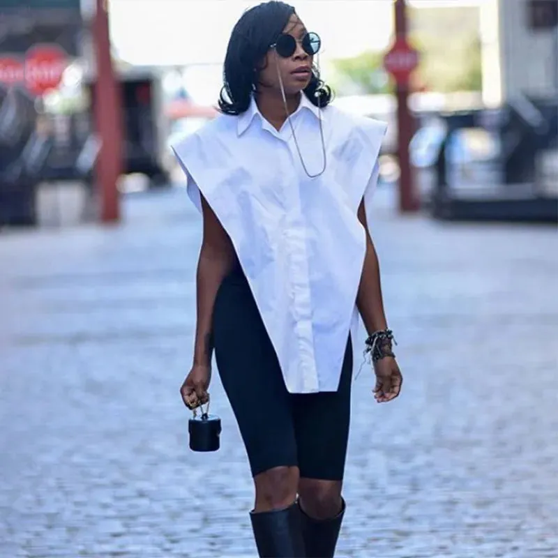 Design Sense Inverted Triangle Irregular Lapel Collar Button Placket Blouse - White