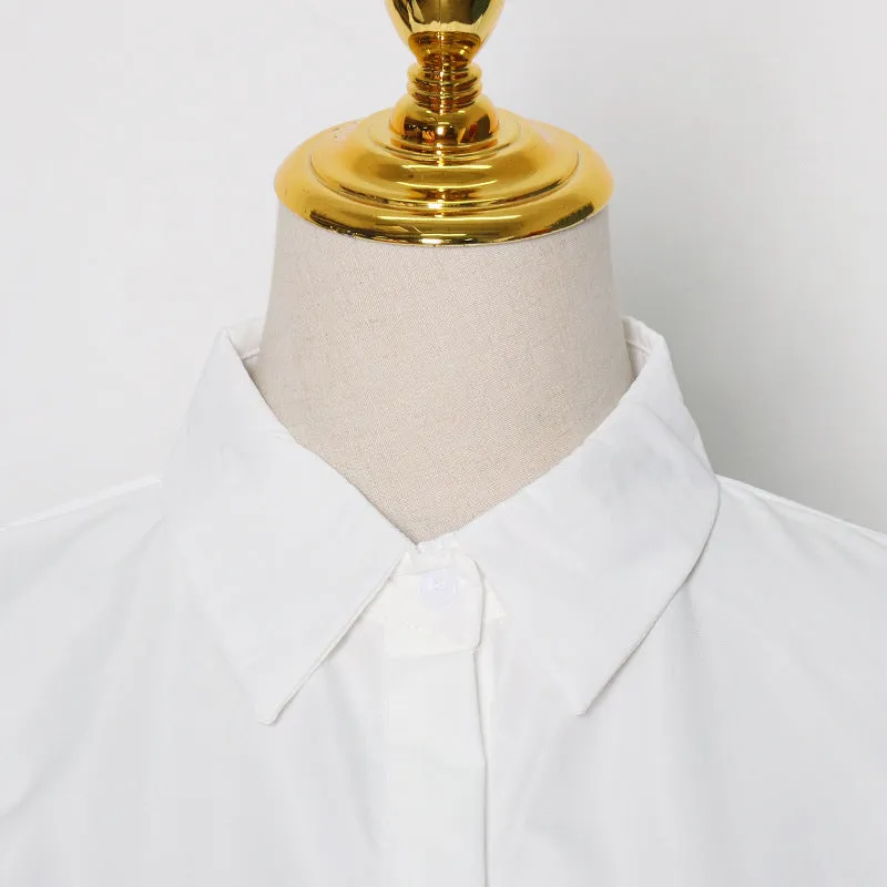 Design Sense Inverted Triangle Irregular Lapel Collar Button Placket Blouse - White