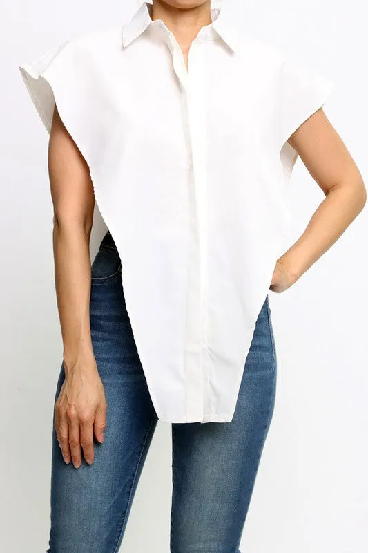 Design Sense Inverted Triangle Irregular Lapel Collar Button Placket Blouse - White