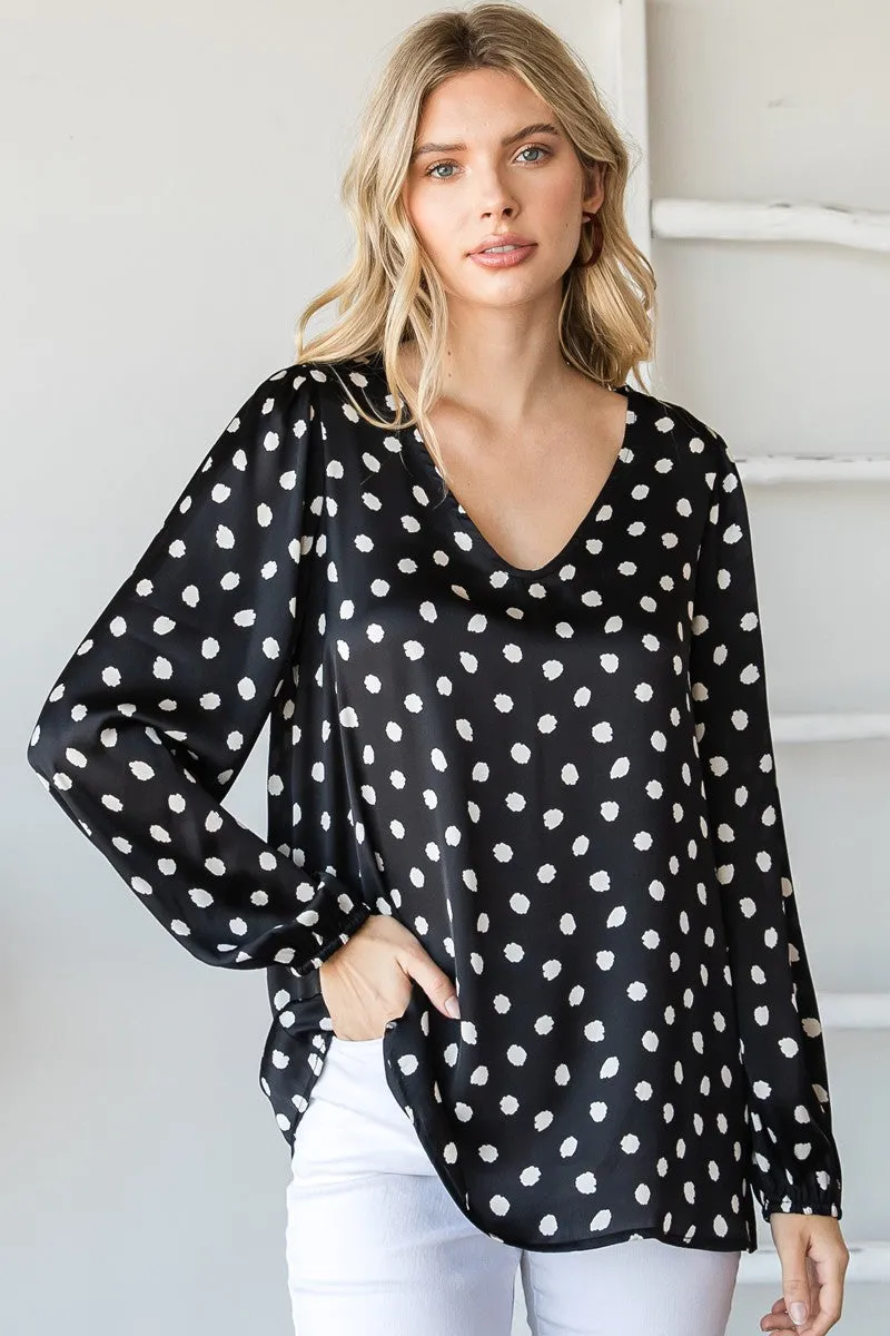 Ditsy Dot Print Satin V-Neck Long Sleeve Top - Final Sale